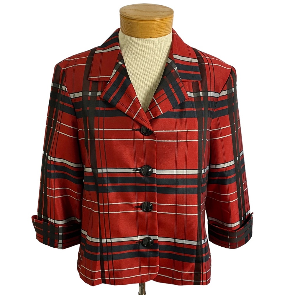 Plaid Med Jacket Red Black Sliver Holiday Party Preppy Classic Sophisticated